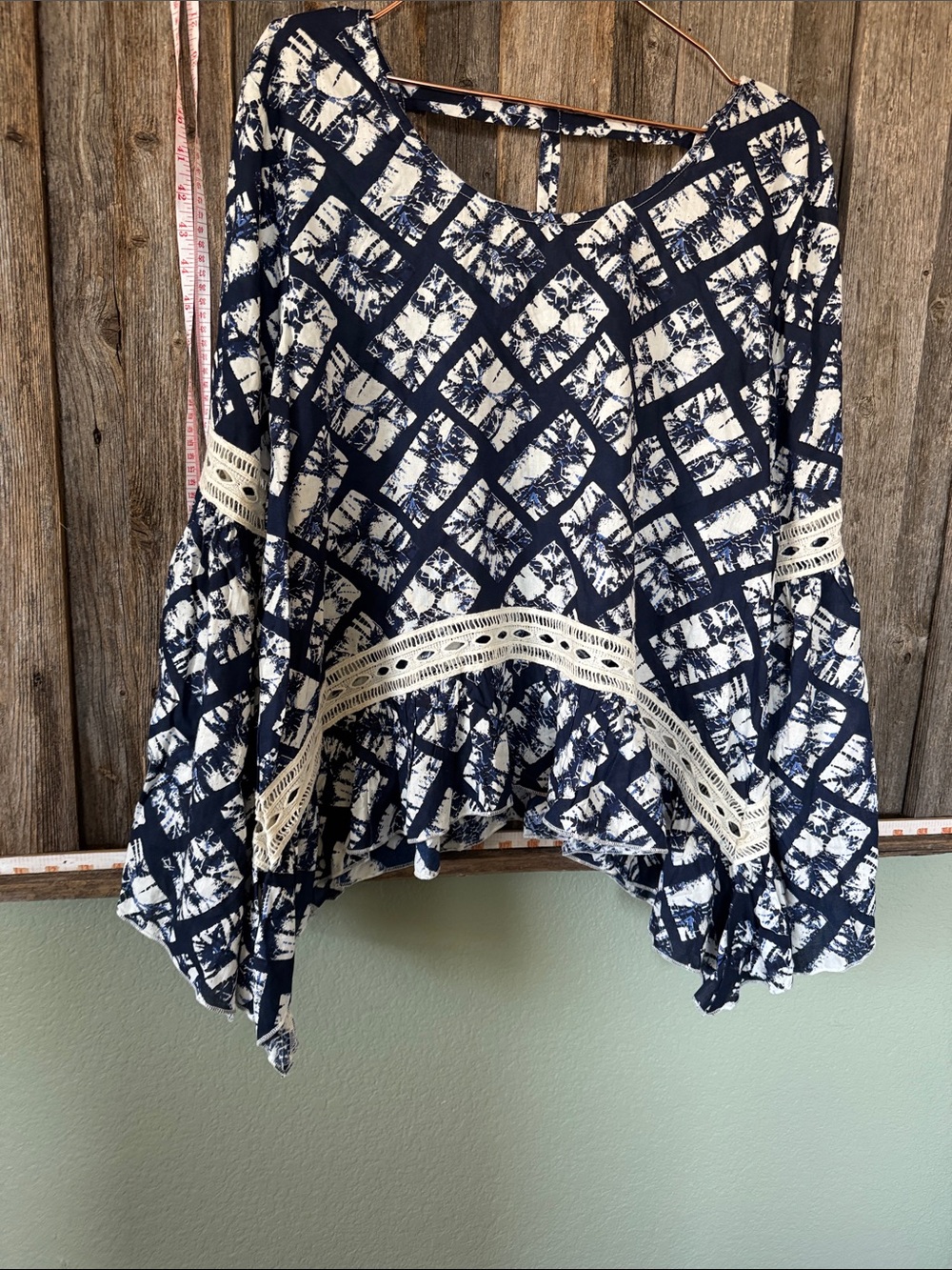 Chelsea & Theodore Navy and Cream Printed Lace-Trim Peplum Top
